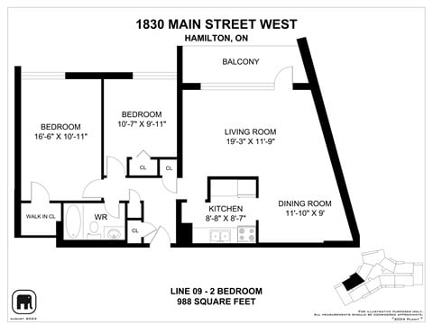 Floor plan for 2 beds, 1 bath, 999 sqft